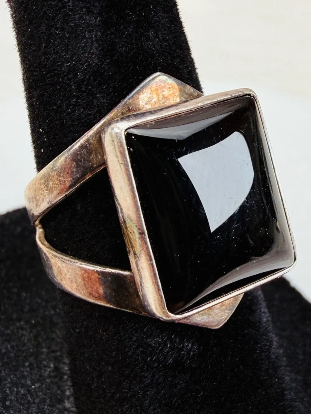 Vintage aged silver stamped OP 925 onyx size 5 3/4 ring
